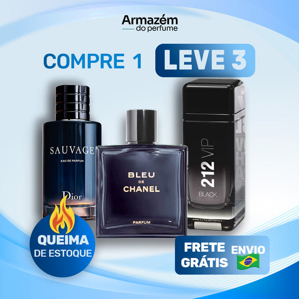 3 Perfumes Masculinos (100ml) - 212 VIP Black | Bleu de Chanel | Sauvage (5 Anos Armazém do Perfume)